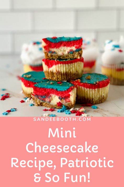 “This Patriotic Mini Cheesecake Recipe is about to be your go to cheesecake recipe! Easy to make from scratch, these mini cheesecakes are absolutely delicious and so creamy.” Patriotic Cheesecake Bites, Flag Cheesecake 4th Of July, Patriotic Mini Cheesecake, Butter Sugar Cookies, Mini Cheesecake Recipes, Patriotic Food, Whipped Cream Frosting, Wafer Cookies, Baked Strawberries