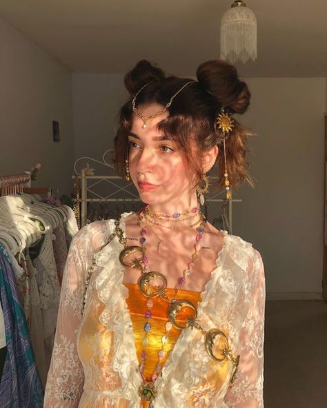 kailan on Instagram: "sun princess inspired look using stunning jewellery gifted by @bohindiestream 🌞✨🌙" Sun Costume Aesthetic, Solar Witch Aesthetic Outfits, Celestial Themed Outfits, Sun Costume Ideas, The Sun Halloween Costume, Sun Witch Outfit, Moon And Sun Outfit, Sun Fairy Costume, Astronomer Outfit