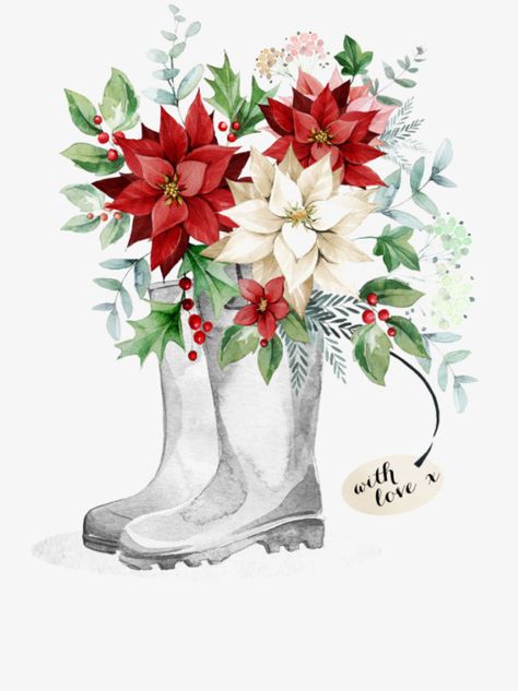 Hand Painted Boots, Painted Boots, Watercolor Christmas Card, Christmas Boots, Advocate Art, Christmas Graphics, Pretty Christmas, Watercolor Christmas, Christmas Flowers