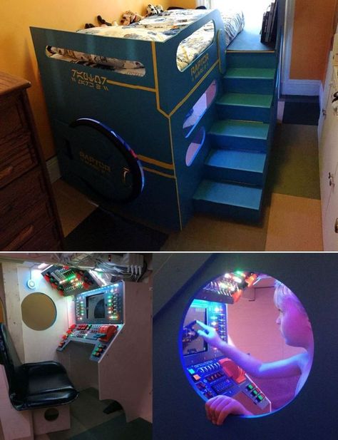 Brooklyn dad and Reddit user [BrooklynEWD] has recently created futuristic twin-sized DIY spaceship loft bed for his son. This outer space furniture piece is complete with sleeping platform, staircase, storage, and coolest control panel underneath the bed. It an amazing combination of furniture and playroom, where the young boy can rest and enjoy without any disturbance. Spaceship Bed, Diy Spaceship, Staircase Storage, Space Furniture, Innovative Fashion, Control Panel, Storage Unit, Outer Space, New Furniture