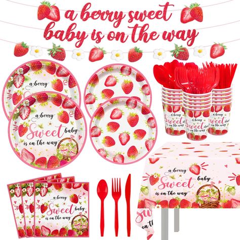 PRICES MAY VARY. 【Strawberry Baby Shower Decoration】 Our strawberry baby shower decorations serve 24 guests, including 24pcs 9” dinner plates, 24pcs 7” dessert plates, 24pcs 6.5” red strawberry napkins, 24pcs paper cups, 24pcs red forks, knives, and spoons, 1pcs 54 x 108 inch disposable tablecloth, and 1pcs banner, enough to meet your party needs. 【A Berry Sweet Baby is On The Way】This strawberry baby shower decoration feature pink and red as the main colors, mainly covering strawberries. It not A Berry Sweet Baby Is On The Way, Strawberry Themed Baby Shower Ideas, Strawberry Baby Shower Theme, Berry Sweet Baby Shower Theme, Tablecloth Banner, Red Fork, Red Baby Shower, Baby Shower Plates, Disposable Tablecloth