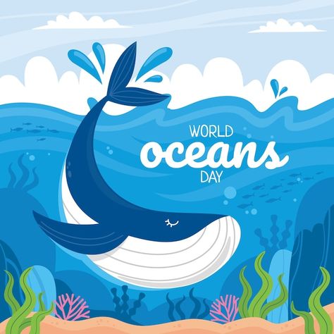 Cartoon Poster Design, Fancy Background, Ocean Vector, World Ocean Day, Whale Fish, Fish Cartoon, World Oceans Day, Ocean Illustration, Flat World