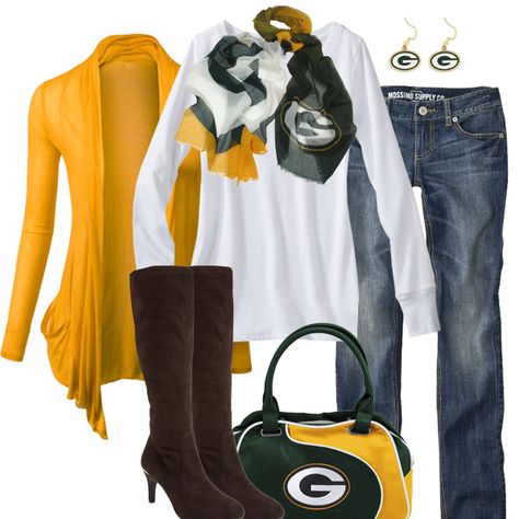 Green Bay Packers Fall Fashion Packers Baby, Green Bay Packers Fans, Chic Boots, Green Bay Packers Football, Looks Jeans, Dress Up Jeans, Brown Scarves, Fall Accessories, Denver Broncos