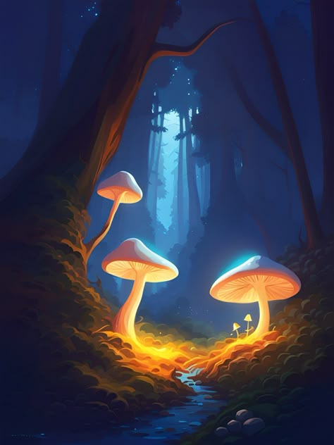 Mushroom Reference Photo, Mushroom Digital Art, Mushroom Prints, Fairytale Forest, Glowing Mushrooms, Mushroom Drawing, Happy Things, Digital Art Illustration, Painting Illustration