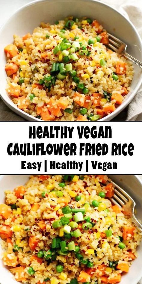 This healthy vegan cauliflower fried rice is so good, so easy, so healthy, so filling! If you're craving fried rice, then this is the ideal, healthy, vegan alternative to the traditional Asian dish. #cauliflower #friedrice #lowcarb #easy #keto #healthy #paleo Fried Rice Healthy, Fried Rice Vegan, Cauliflower Fried Rice Recipes, Rice Healthy, Asian Dish, Healthy Vegan Dinner, Cauliflower Fried, Chicken Cauliflower, Easy Cauliflower