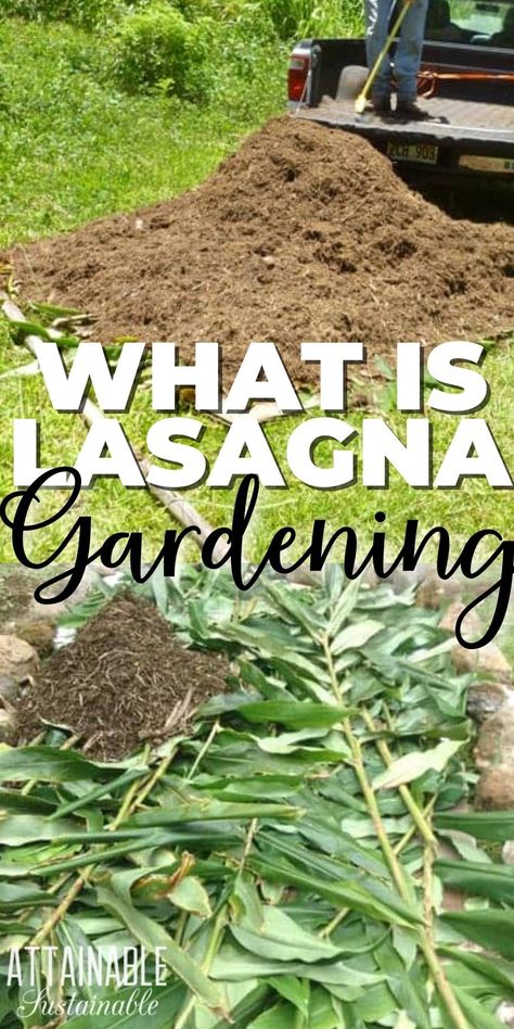 above picture of a large pile of mulch, below picture of cut plants and mulch Lasagna Gardening Layers, Lasagna Composting, Wallpapers Fall Aesthetic, Homestead Garden Layout, Wallpapers Fall, Sheet Mulching, Fall Crops, Lasagna Gardening, River Rock Garden