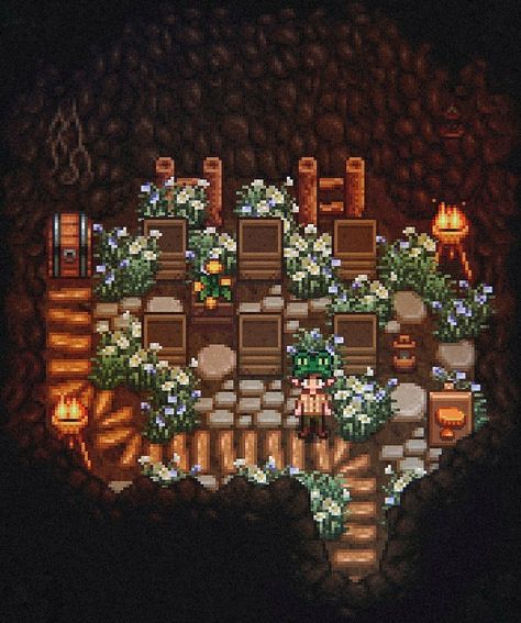 Stardew Valley Starter House, Stardew Valley Mushroom Cave Layout, Modded Stardew Valley Farm, Stardew Valley Grandpa Farm, Stardew Obelisk Layout, Hill Top Farm Stardew Valley, Stardew Valley Cave Layout, Cute Stardew Valley Farm Layout, Stardew Valley Mines Decoration