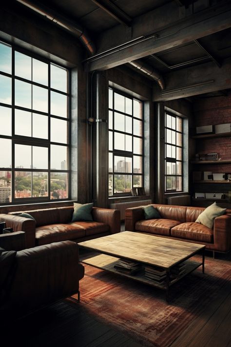 This industrial living room is both moody and tranquil, with large sash windows letting in plenty of natural light. The dark, foreboding colors create a sense of mystery, while the sleek, precise detailing adds a touch of sophistication. #sleek #precise #detailed #lightandairy #lush #homedecor #decoration #interiordesign #industrial Guy Living Room, Industrial Interior Design Living Room, Industrial Apartment Decor, Industrial Decor Living Room, Soft Industrial, Industrial Loft Design, Loft Inspiration, Rugs Ideas, Girly Apartment Decor