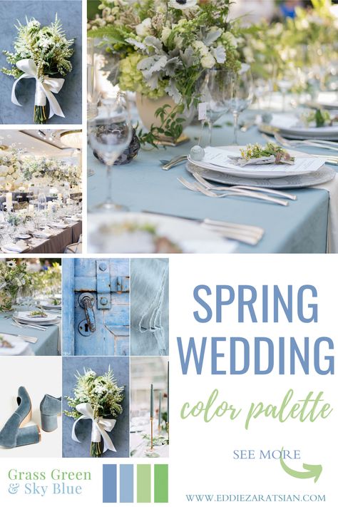 Simple and easy color palette for a spring wedding! Create a soft and fresh atmosphere with this color scheme of sky blue, grass green, and creamy white. Find your garden wedding party inspiration here! #gardenstylewedding #springcolorpalette #eddiezaratsian Sky Blue And Forest Green Wedding, Soft Blue And Green Wedding, Green Spring Wedding, Green Tablescape, Blue Taper Candles, Garden Wedding Party, Sky Blue Weddings, Wedding Color Schemes Spring, Blue Green Wedding