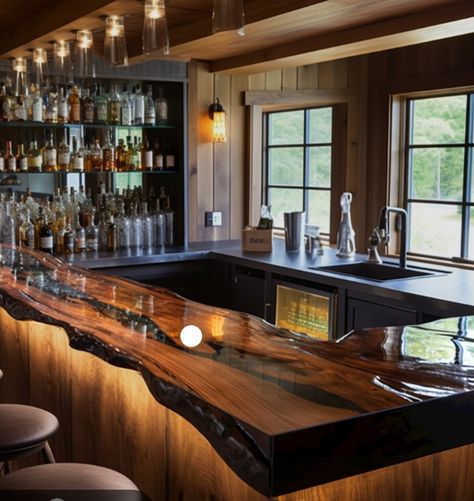 Epoxy Bar Top Ideas, Barn Bar Ideas, Wet Bar Basement, Rustic Basement Bar, Barn Bar, Basement Bar Design, Basement Bar Ideas, Home Wet Bar, Rustic Basement