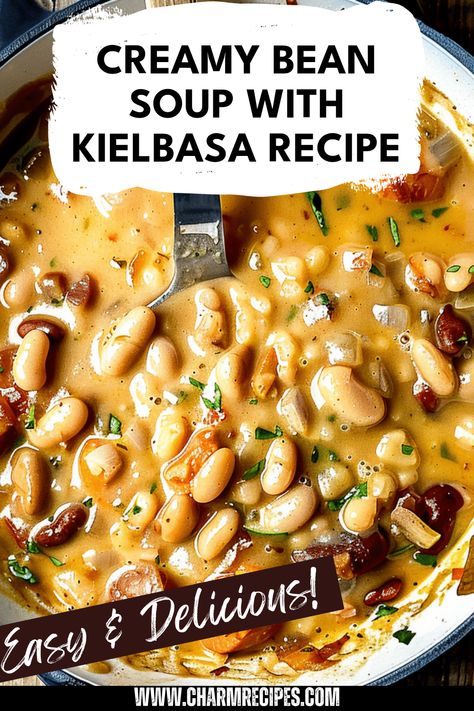 Make an easy Creamy Bean Soup with Kielbasa that celebrates the delicious combination of creamy texture and smoky sausage flavor. This warming soup is perfect for chilly nights or cozy family dinners. In just steps, you can enjoy ingredients like beans, kielbasa, and fresh vegetables simmered to perfection. Discover how to bring together wholesome nutrition and great taste in one hearty meal. Camping meal? Cozy at home? This Comforting Bean Soup takes it all on while being simple to prepare! White Bean Kielbasa Spinach Soup, Bean Soup With Kielbasa, Kielbasa And White Bean Soup, Soup With Sausage Kielbasa, Bean And Kielbasa Soup, Smoked Sausage And Bean Soup, Creamy Bean Soup With Kielbasa, Kielbasa Bean Soup, Creamy Bean Soup With Sausage