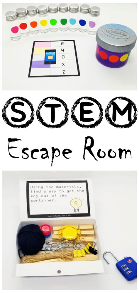 the pin shows a line of jars with clear liquid inside and color rainbow sticker dots on the front and another container with purple liquid beside it.  The bottom image is of a box with materials and instructions that say using the materials, find a way to get the key out of the container. Simple Stem Challenges, Escape Room Diy, Escape Room Challenge, Escape Room For Kids, Escape Room Puzzles, Stem Programs, Problem Solving Activities, Stem Challenge, Escape Room Game