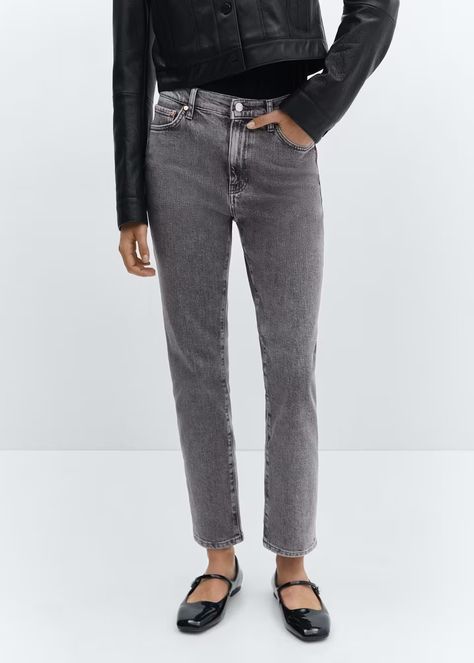 Slim cropped jeans - Woman | Mango Netherlands White Top Jeans, Grey Jeans Outfit, White Tee Jeans, Ankle Grazer Jeans, Ribcage Jeans, Moda Denim, White Tunic Tops, Womens Cropped Jeans, Black Mom Jeans