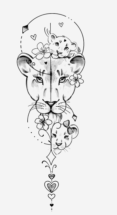 Mom Of Two Tattoo Ideas, Mom And Kids Tattoo, 2 Kids Tattoo Ideas For Moms, Mom Of 2 Tattoo Ideas, Lioness And Cub Tattoo, Lace Sleeve Tattoos, Motherhood Tattoos, Baby Tattoo Designs, Jin Jang