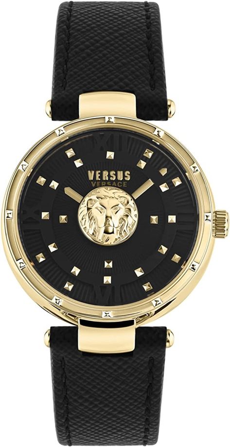 3d Lion, Ladies Dress Watches, Timeless Watches, Versus Versace, Versace Accessories, Lion Head, Gold Case, Black Enamel, Leather Band