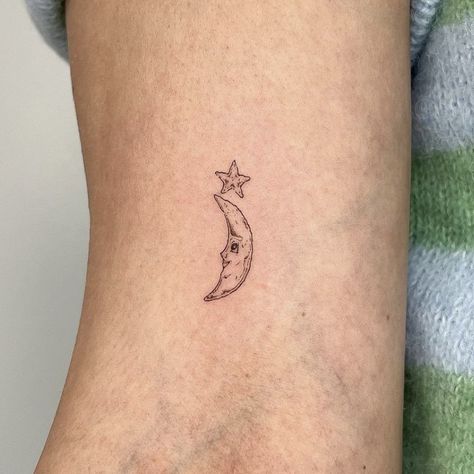 To The Moon And Stars Tattoo, Space Tattoo Aesthetic, Moon Tattoo Stick And Poke, Clairo Tattoos Ideas, Star Semicolon Tattoo, Dainty Line Tattoos, Moon And Earth Tattoo, Sweet Creature Tattoo, Brown Tattoos