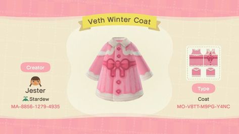 Acnh Coats Designs, Oc Apps, Qr Code Animal Crossing, Acnh Kawaii, White Fluffy Coat, Animal Breeding, Ac Codes, Pink Winter Coat, Acnh Inspiration