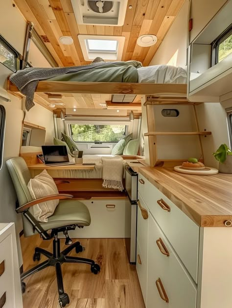 47 Remote Working RV Setup Inspo – TastyInteriors Rv Van Conversion, Ikea Camper Van Conversion, Bus Life Ideas, Tiny Home Bus, Rv Van Interior, Converted Vans To Campers, Converted Camper Van, Renovated Bus Home, Interior Van Designs