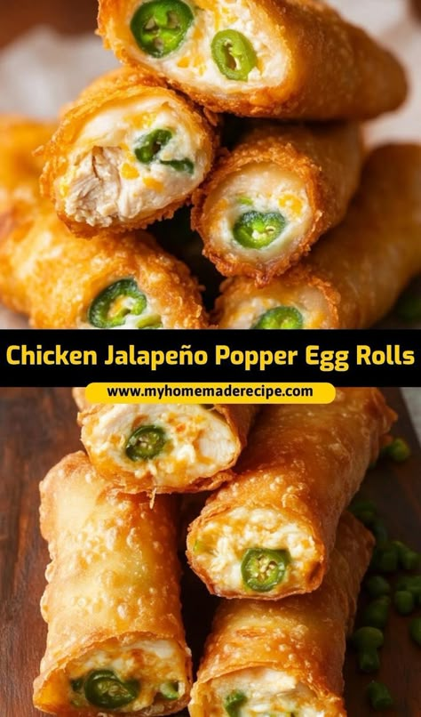 These chicken jalapeño popper egg rolls are the best egg rolls for a spicy, cheesy snack. Filled with creamy jalapeño chicken, they’re the ultimate egg rolls for game days or parties Jalapeño Chicken Egg Rolls, How To Make Chicken Egg Rolls, Southwest Eggrolls Sauce, Southern Egg Rolls, Jalapeño Egg Rolls, Jalapeno Popper Egg Rolls Air Fryer, Jalapeno Poppers Egg Rolls, Soul Food Egg Rolls, Jalapeño Popper Egg Rolls