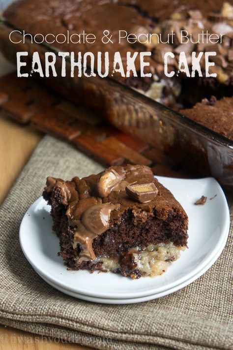 Chocolate Peanut Butter Earthquake Cake Chocolate Peanut Butter Earthquake Cake, Peanut Butter Earthquake Cake, Samoa Truffles, Monkey Meat, Reese's Cake, Pumpkin Magic, Earthquake Cake, Chocolate And Peanut Butter, Sugar Icing