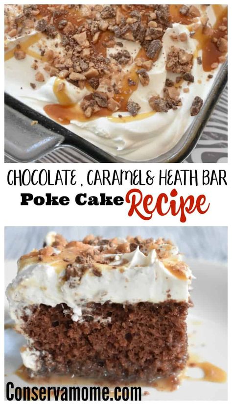 Heath Bar Poke Cake, Heath Bar Cake, Brownie Cake Recipe, Poke Recipe, Heath Bar, Peanut Butter Brownie, Poke Cake Recipe, Chocolate Peanut Butter Brownies, Smores Dessert