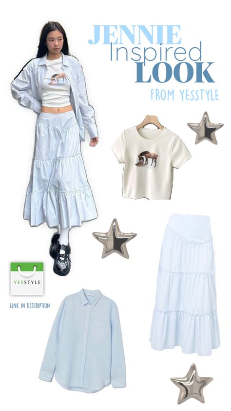 Mid Rise Plain Tiered Maxi A-Line Skirt 👇  https://www.yesstyle.com/en/beanfait-mid-rise-plain-tiered-maxi-a-line-skirt-light-blue-m/info.html/pid.1125426811  Long-Sleeve Button-Up Shirt 👇  https://www.yesstyle.com/en/mori-girls-long-sleeve-button-up-shirt/info.html/pid.1120376634  Short-Sleeve Crewneck Horse Print T-Shirt  https://www.yesstyle.com/en/puye-short-sleeve-crewneck-horse-print-t-shirt/info.html/pid.1129611865 Plain Skirt Outfit, Blue Maxi Skirt Outfit, Tiered Skirt Outfit, Blue Maxi Skirt, Maxi Skirt Outfits, Skirt With Buttons, Horse Print, Mori Girl, Skirt Outfit