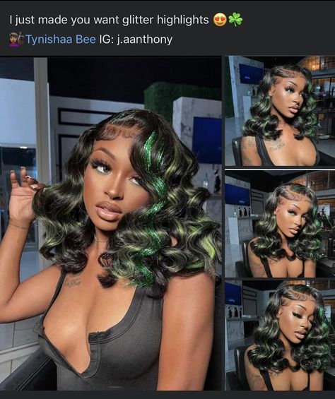 Short Black Wigs, Hair Clean, Wigs Short, Bff Drawings, Green Wig, Closure Wigs, Green Highlights, Pretty Hair Color, Hot Hair Styles