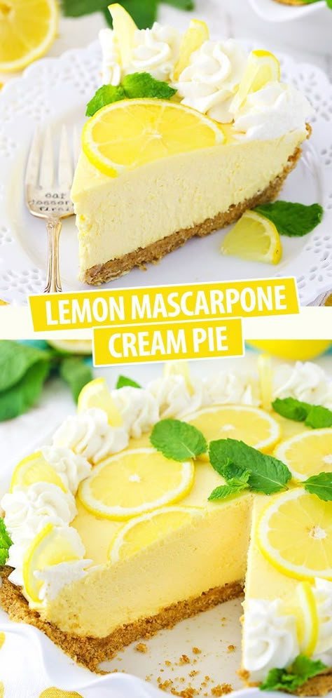 Jun 19, 2020 - This Lemon Mascarpone Cream Pie is full of lovely lemon flavor! It's light and perfect for summer, and I love the addition of the creamy mascarpone cheese! Orange Mascarpone Cream, Italian Lemon Marscapone Tart, Lemon Cream Tart Recipe, Marscapone Recipes Savoury, Lemon Mascarpone Cheesecake, Lemon Marscapone Recipes, Recipes With Marscapone Cheese Dinners, Recipes With Marscapone Cheese Desserts, Easy Mascarpone Recipes