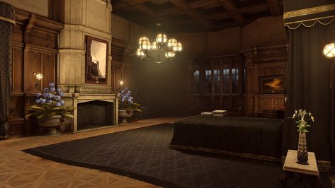 Mansion Background, Anime Mansion Bedroom, Fantasy Mansion Interior Art, Sofia The First Room, Royal Bedroom Fantasy Art, Palace Bedroom Concept Art, Palace Bedroom Fantasy Art, Dark Mansion, Anime Royal Bedroom Background