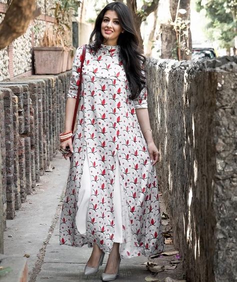 White Printed High Neck Long Kurti with Front Slits Long Kurta Designs, डिजाइनर कपड़े, Salwar Designs, Long Kurti, Long Kurti Designs, Salwar Kamiz, Neckline Dress, Indian Attire, Manish