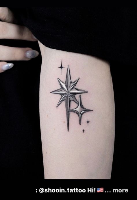 3d Star Tattoo, Positive Tattoos, Chrome Tattoo, Star Tattoo On Shoulder, Tattoos Sunflower, Star Tattoo On Wrist, North Star Tattoos, Shooting Star Tattoo, Tattoo Test