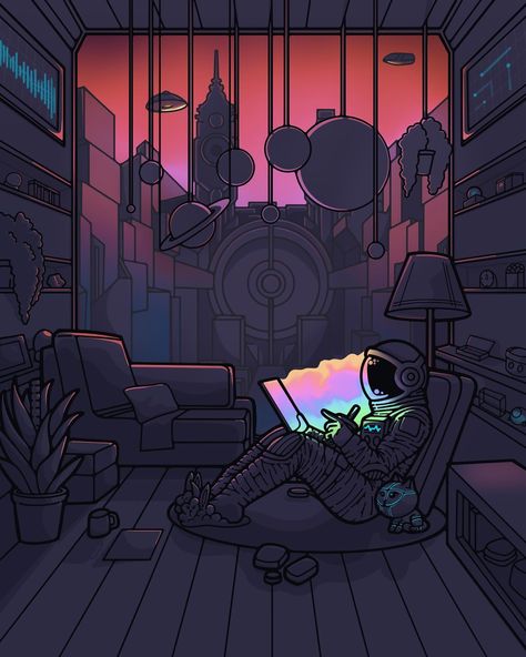 “Hey Alexa, can you play some lo-fi music?” ✨ Astrobro and Robo-kitty are chilling in their lounge, listening to lo-fi tunes, vibing until the early morning sunrise. This is part 1 of Astrobro’s stay at Robo City. What do you think he will be doing next? 🤓 About the drawing: ✍️ created in @procreate on an ipad 11“ and Apple Pencil gen 2 🥽 screen protector and pen cover by @godoodroo ✨ inspired by @lofigirl, the city in the background is inspired by #starwars, and final the color palette h... Lo Fi Color Palette, Lo Fi Illustration, Lofi Chill Wallpaper, Png Doodles, Lofi Jazz Aesthetic, Lo Fi Aesthetic, Lofi Chill, Early Morning Sunrise, Lo-fi Aesthetic