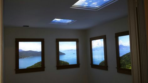 LED windows providing light and nature in windowless rooms  — Sky Inside UK Limited Indoor Perspective, False Window, Honeycomb Wallpaper, Lead Windows, Window Light, Starry Night Sky, Natural Lighting, Led Panel, Bathroom Interior Design