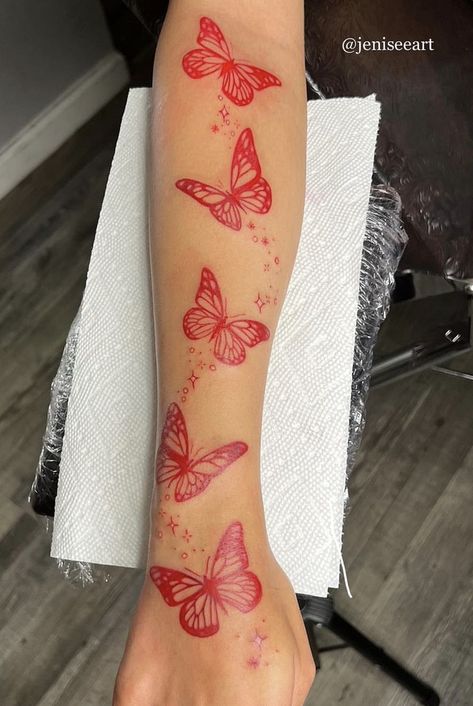 Four Arm Butterfly Tattoo, Forearm Tattoos Butterflies, Butterfly Tattoo Around Arm, Pr Tattoo, Hand Tattoos Flowers, Marker Tattoos Ideas, Tattoo Ideas Female Red Ink Butterfly, Red Ink Butterfly Tattoo Hand, Red Inner Arm Tattoo