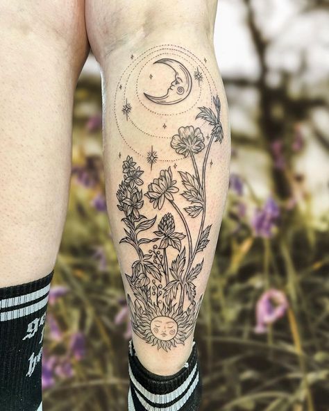 Had so much fun doing this celestial wildflower piece the other week!! Love doing a simple linework botanic moment and creating fun pieces… | Instagram Dragon Tattoo Leg, Upper Leg Tattoos, Lower Leg Tattoos, Mushroom Tattoos, Leg Tattoos Women, Leg Sleeve Tattoo, Calf Sleeve, Fairy Tattoo, Tattoo Project