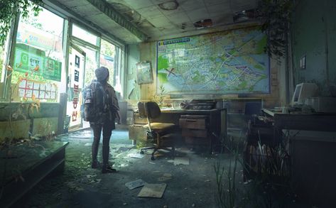 ArtStation - real estate office after arpocalypse in korean. and her fathers lagacy, lee su yeon Overgrown Dystopian Aesthetic, Apocalyptic World Aesthetic, Zombie Apocalypse Moodboard, Post Zombie Apocalypse, Flood Apocalypse, Zombie Apocalypse Poster, Apocolypse Aesthic Art, Post Apocalypse Art, Apocoliptic Art