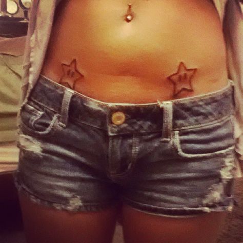 Super Mario Stars tattooed on hips Super Star Tattoo, Super Mario Star Tattoo, Mario Star Tattoo, Mario Stars, Mario Star, Waist Tattoos, Sharpie Tattoos, Star Tattoo, Hip Tattoo