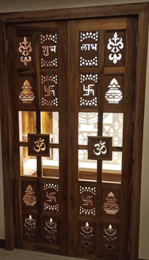 Wooden Pooja Room Door Design, Puja Room Wooden Door Design, Pooja Ghar Door Design, Wooden Pooja Door Design, Pooja Room Design Door, Chokat Door, Pooja Unit Door Design, Temple Door Design For Home, Pooja Door Design Modern