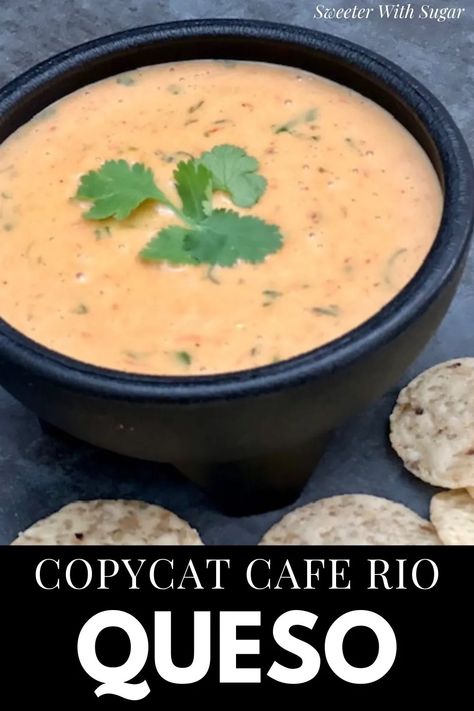 Copycat Cafe Rio Queso, Queso Dip Cafe Rio, Cafe Rio Copycat Recipes, Cafe Rio Queso Recipe, Cafe Rio Queso Dip, Alamo Cafe Queso Recipe, Copycat Mexican Restaurant Recipes, Cup Bop Copycat, Costa Vida Queso Recipe