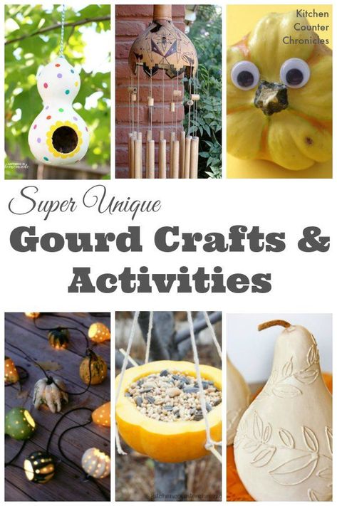 Super Unique Gourd Crafts and Activities - Who knew that those silly little gourds could be reused in such beautiful and clever ways. Discover how to transform your gourds and have a whole lot of fun. | Fall Craft for Kids | Bird feeder craft | Crafts for Kids | Gourd Bird Feeders, Cheap Diy Headboard, Recycle Craft, Bird Feeder Craft, Gourd Crafts, Diy Wainscoting, Diy Blanket Ladder, Decorative Gourds, Wood Wall Art Diy