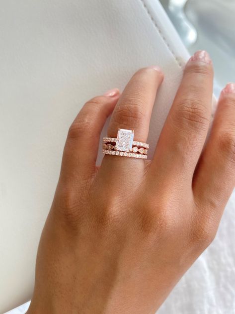 Rose Gold Wedding Ring Set. Radiant Cut Engagement Ring. Half Eternity Band. Wedding Bands. 3.50 Ring Set. Anniversary Rings. Stacking Rings - Etsy Radiant Wedding Band Stack, Square Cut Engagement Ring With Band, Unique Wedding Bands For Square Rings, Radiant Wedding Ring Stack, Rose Gold Wedding Ring Stack, Wedding Bands For Radiant Diamond, Radiant Wedding Ring Set Stack, Gold And Silver Wedding Ring Set, Radiant Engagement Ring Stack