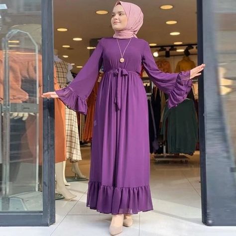 Elegant Bell Sleeve Chiffon Long Dress Material Gown Styles For Muslim Ladies, Chifon Dress, Turkish Abaya, Materials Gown Style, Purple Chiffon Dress, Long Party Gowns, Islamic Fashion Dresses, Long Sleeve Chiffon Dress, Chiffon Long Dress