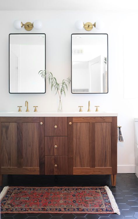 Bathroom Brass Fixtures, Rock Bathroom, Bathroom Tile Inspiration, Vanity Black, Black Floor Tiles, Modern Bathroom Remodel, Modern Bathroom Tile, Framed Mirrors, Eagle Rock