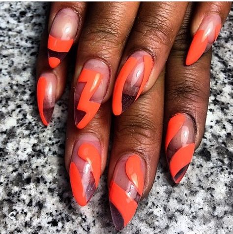 Nigerian Nail Design, Neon Acrylic Nails, Overlay Nails, Funky Nail Art, Almond Nails Designs, Ballerina Nails, Toe Nail Art, Orange Nails, Pink Acrylic Nails