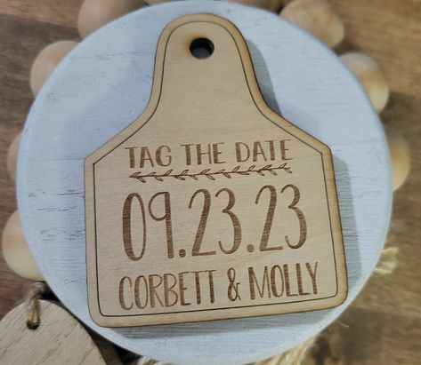 Tag The Date Cow, Cow Ear Tag Save The Date, Tag The Date Wedding, Save The Date Tags, Ear Tag Save The Date, Cow Tag Wedding Invite, Cow Tag Save The Date, Save The Date Ideas Country, Western Wedding Save The Dates