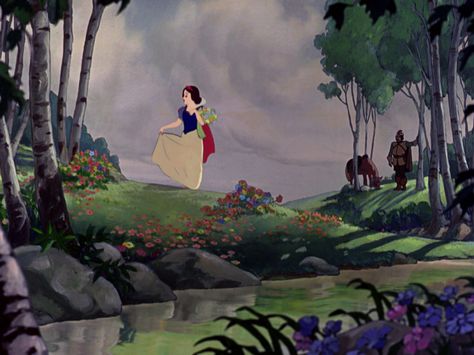 "Snow White and the Seven Dwarfs" Disney 1937 Snow White picking flowers in a beautiful field forest scene with the huntsman looking on Disney Nostalgia, Snow White 1937, Sette Nani, Disney Hercules, Enchanted Rose, Snow White And The Seven Dwarfs, The Seven Dwarfs, Old Disney, Seven Dwarfs