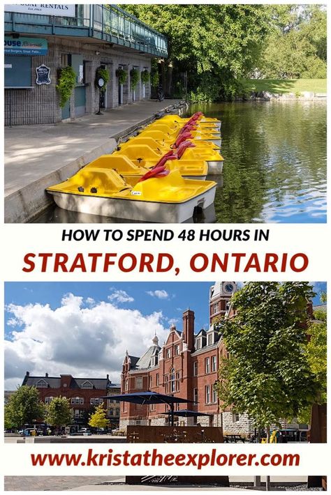 Row of yellow paddleboats lined up on the Avon River in Stratford. Back of Stratford's city hall in the summer. Stratford Festival, Stratford Ontario, Visit Canada, Canada Travel, Ontario Canada, Places To Eat, Small Towns, Travel Blogger, Ontario