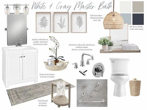 White Bathroom With Grey Floor, Bathroom Decor Chrome Fixtures, Gray And Ivory Bathroom, Bathroom Decor Gray And White, Silver Accents Bathroom, Gray Bathroom With Wood Accents, Gray And White Master Bath, Silver And Grey Bathroom, Grey And Chrome Bathroom