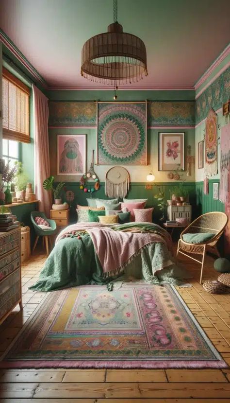 Emerald Green And Pink Bedroom, Green Pink Bedroom, Green And Pink Bedroom Ideas, Bedroom Elevation, Pink Green Bedroom, Yard Aesthetic, Green And Pink Bedroom, Pink Boho Bedroom, Pink And Green Bedroom