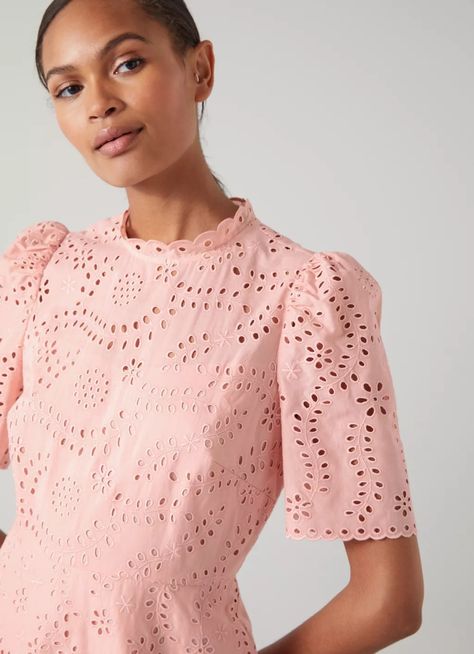 Broderie Anglaise Dress, Anglaise Dress, Broderie Dress, Classical Dress, Pink Cotton Dress, Midi Dress Pink, Eyelet Embroidery, Size 10 Models, Scallop Trim